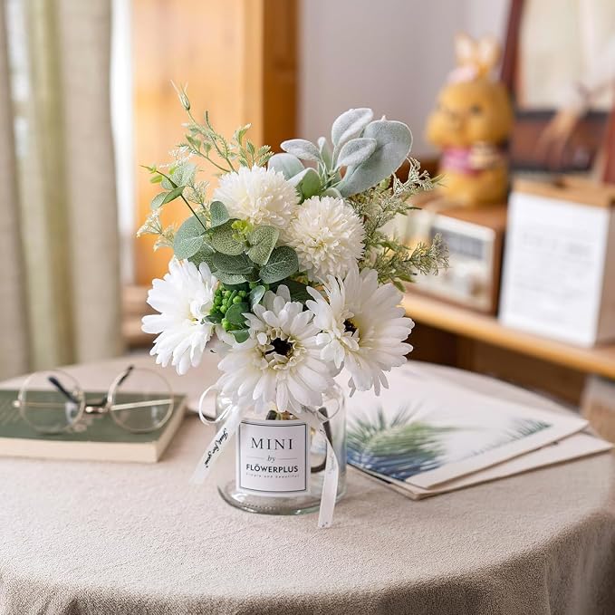 LADADA White Artificial Daisy Flower Set Glass Vase Table Centerpiece Home Decor - Image 2