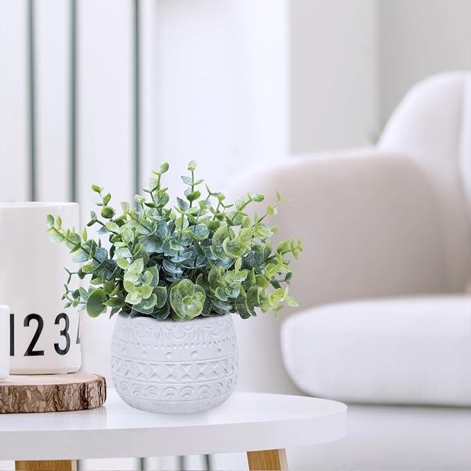 Winlyn Set of 2 Small Artificial Potted Plants Faux Eucalyptus Plant in White - Image 6