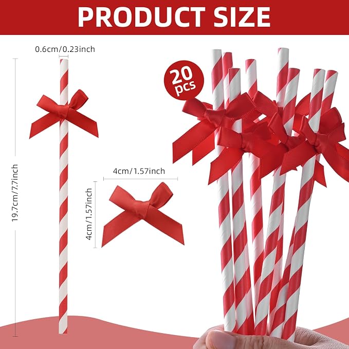 20pcs Red Bow Straw, 7.7inch Cake Pops Treat Sticks Biodegradable Cute Paper - Image 2