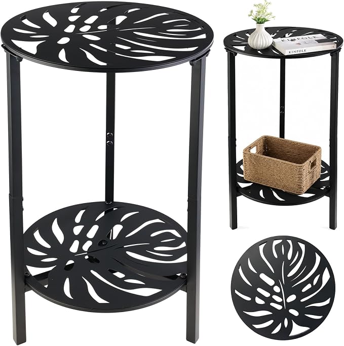 2-Tier Metal Round Side Table Black Accent Coffee Tables Small Space Corner by Unknown