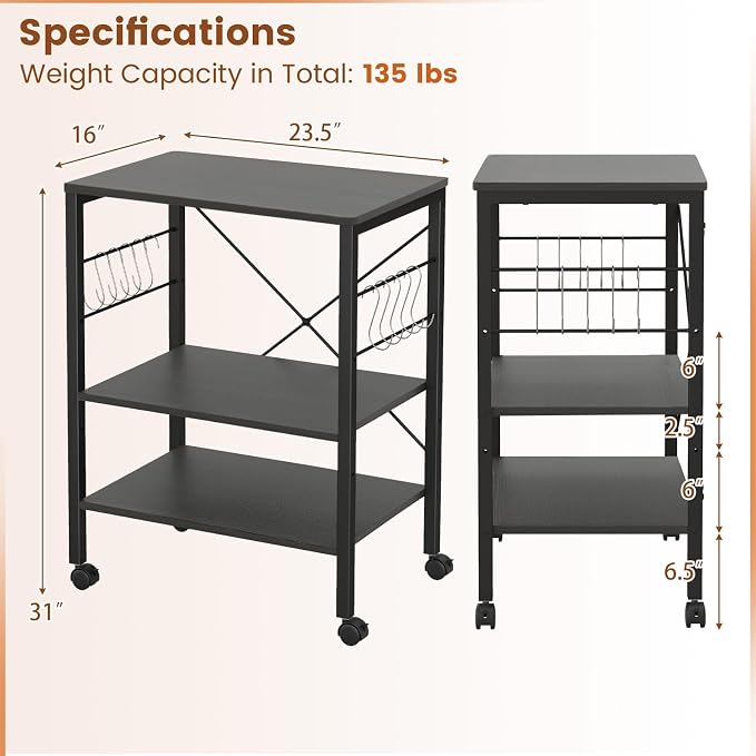 Giantex Kitchen Bakers Rack 3-Tier Microwave Cart on Wheels, Industrial Utility - Image 5