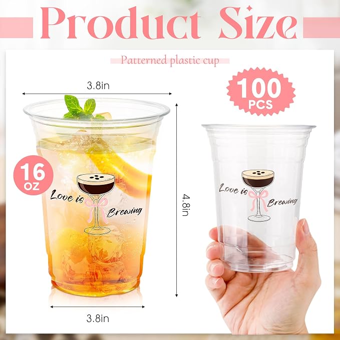 100 Pcs Wedding Plastic Cups Bulk 16 oz Clear Disposable Love Is Brewing Cups - Image 2