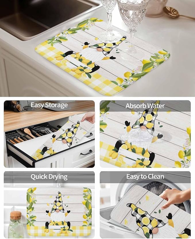Lemon Dwarfs Dish Drying Mat 18x24 inch Gnome Green Leaf Wood Striped Black - Image 6