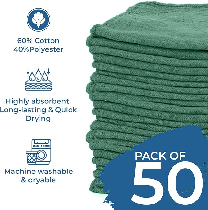 DAN RIVER Shop Towels, 50 Pack Commercial Use Green Terry Cloth Rags - Image 4