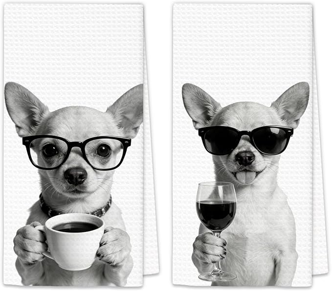 Chihuahua Gifts Coffee Wine Kitchen Towels Set of 2, Coffee Dog Dish Tea Towel by OINDADE