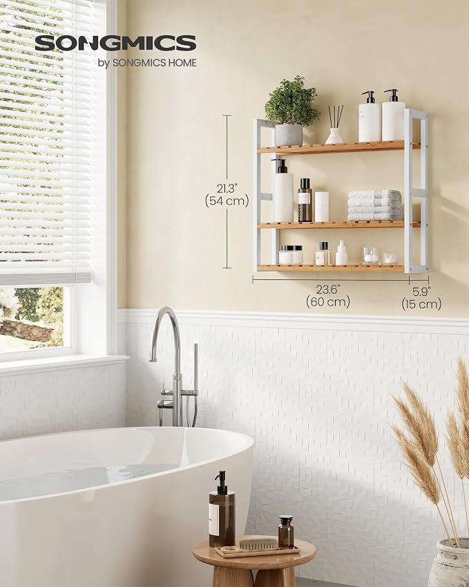 SONGMICS Bamboo Bathroom Shelf, 3-Tier Adjustable Plants Rack, Wall-Mounted or - Image 3