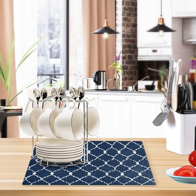 Navy Blue Quatrefoil Geometric Coffee Mat Coffee Bar Maker Backed Absorbent - Image 6