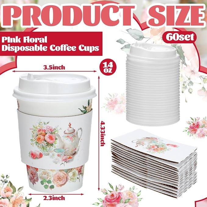 Vesici 60pcs Tea Party Decorations 14oz Disposable Coffee Cups - Image 3