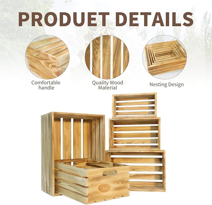 5 Pcs Decorative Wood Crates for Display, 5 Size Large Farmhouse Wooden Basket - Image 4