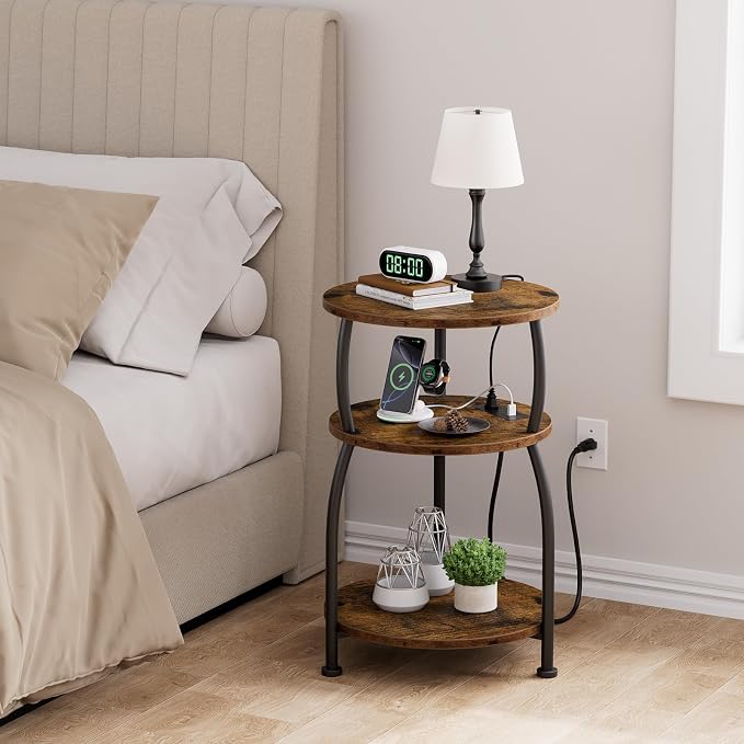 Round Side Table with Power Outlet & USB Ports, 3-Tier End Table with Storage - Image 5
