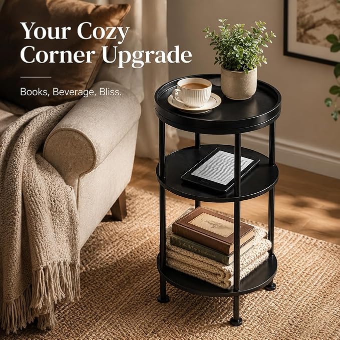 Small Round Side Table with Tray Top, 3-Tier Black End Table - Image 5
