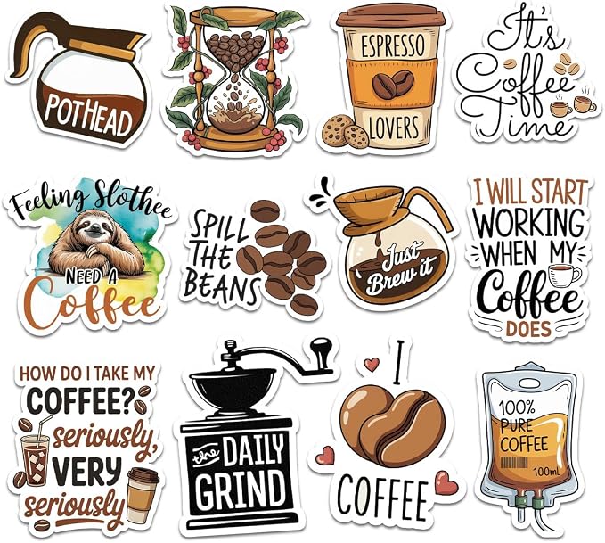 12pcs Coffee Stickers Pack for Caffeine Lovers, Baristas & Coffee Addicts – by Vybonz