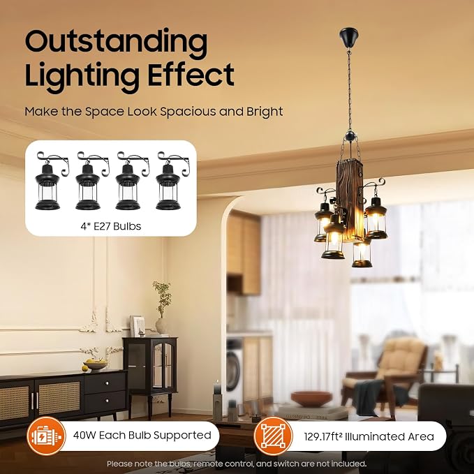 DouSeiAi Industrial Wooden Vintage 4-Light Pendant Light, Retro Loft Lantern - Image 3