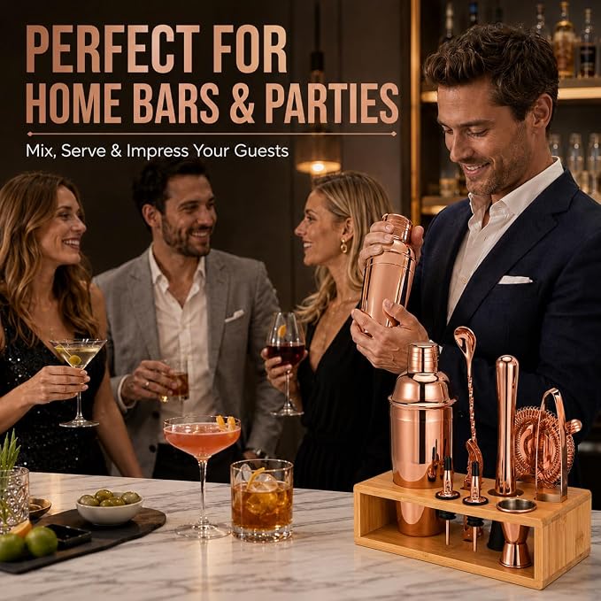Rose Gold Cocktail Shaker Set, Premium 18/8 Stainless Steel Mixology Bartender - Image 7