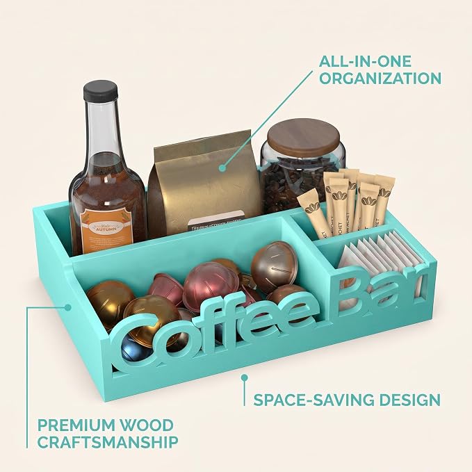 Coffee Bar Organizer Countertop, Wood Coffee Pod Holder & Condiment Caddy | - Image 5