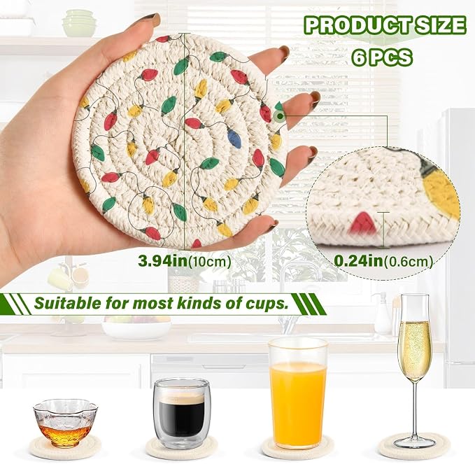 Bar Coasters for Drink Christmas String Lights Cotton Woven Coaster - Image 3