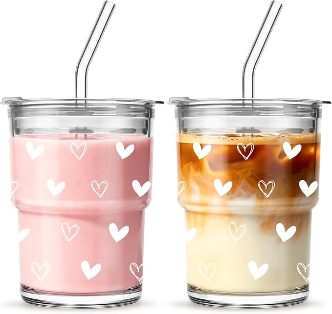 INSETLAN 13oz Heart Decal Glass Tumblers Set of 2, Thick Wall Glass Cups by INSETLAN