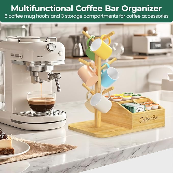 EsLuker.ly Mug Tree Holder Stand, Countertop Bamboo Coffee Cup Organizer Rack - Image 3