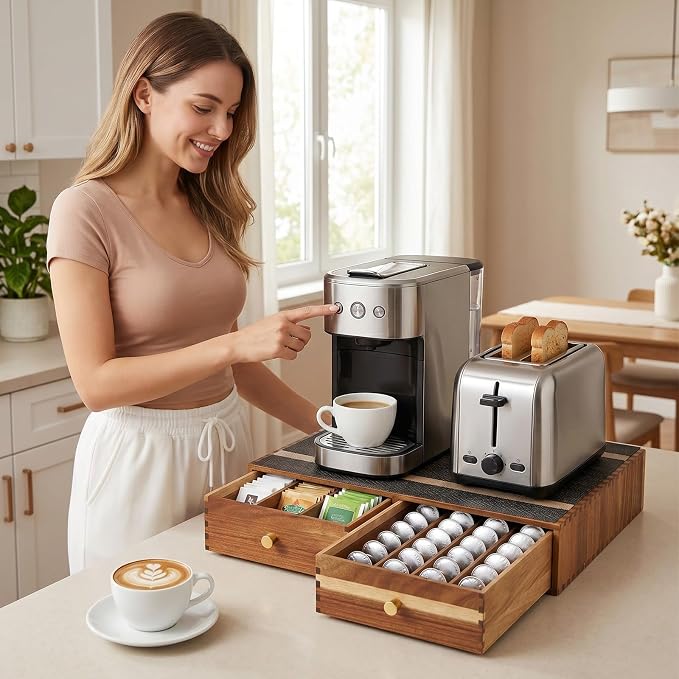 K Cup Organizer Drawer, Acacia Wood Coffee Pod and Tea Bag Storage Box - Image 2