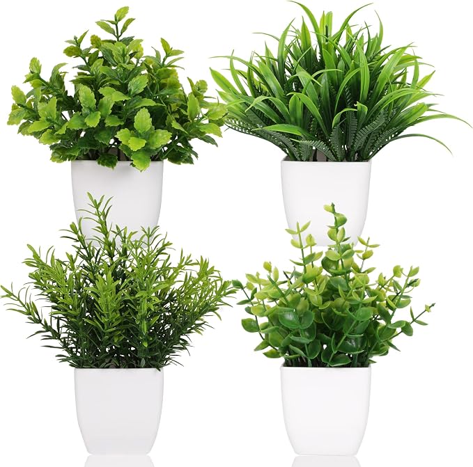 Yoratee 4 Pot Small Fake Plant Flowerpot Artificial Plastic Eucalyptus Plant by Yoratee