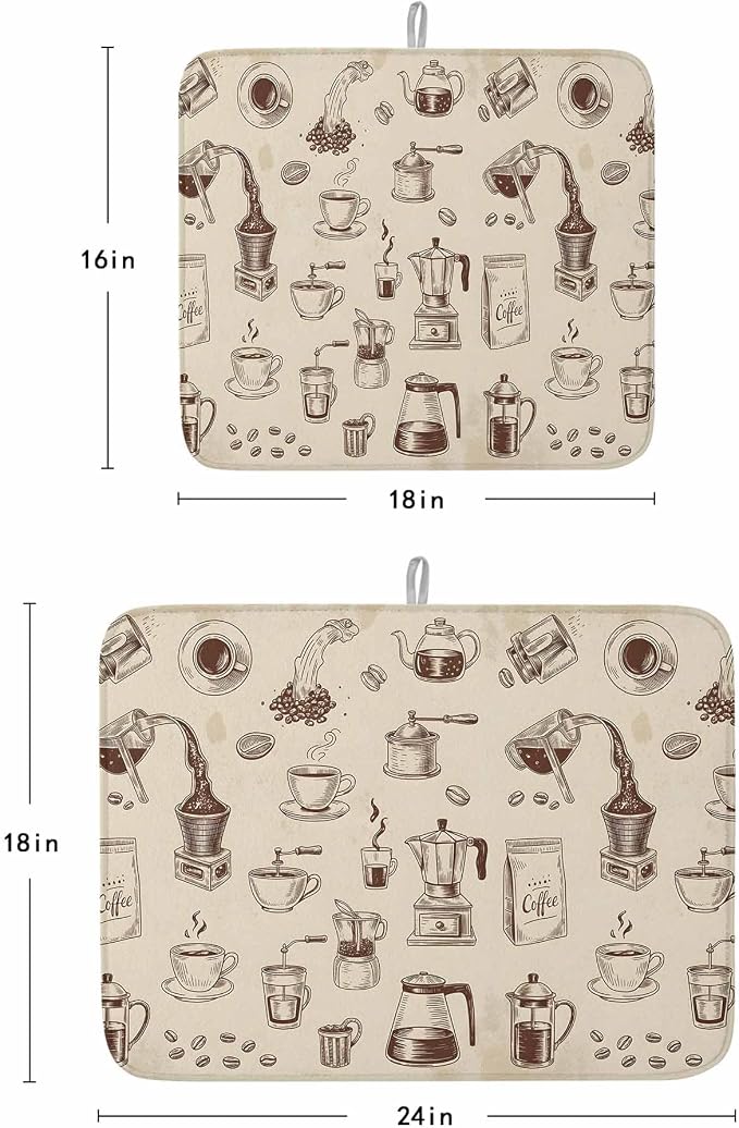 Coffee Dish Drying Mat 18x24 inch Vintage Coffee Beans Brewing Equipment Linen - Image 9