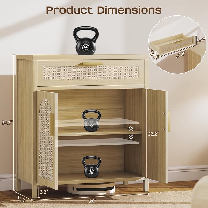 Rattan Buffet Cabinet with Storage, Sideboard Cabinet with Doors and Shelves - Image 2