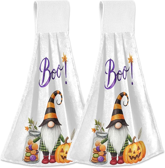 Halloween Gnomes BOO Kitchen Hanging Towel 12 x 17 Inch Pumpkin Maple Leaves by Dussdil