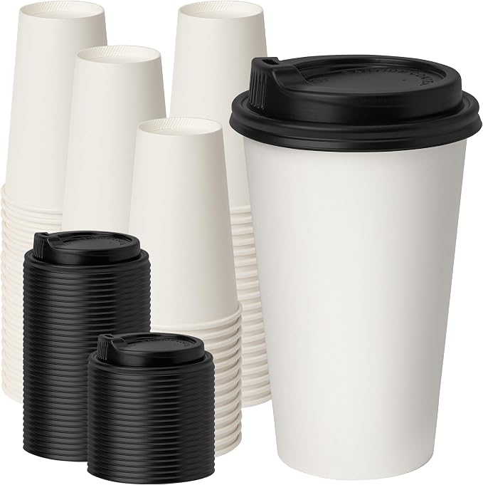 RACETOP Coffee Cups with Lids 16 oz 100 Pack, Disposable Paper Cups with Lids by RACETOP