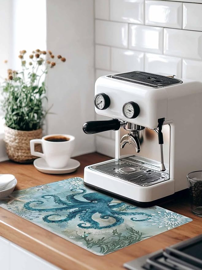 Turquoise Octopus Coffee Mat Ocean Marine Life Nautical Sea Theme Absorbent Bar - Image 9