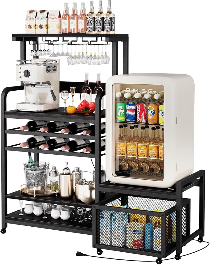 Mini Fridge Stand with Power Outlet, Microwave Stand with Wine Rack, Coffee bar by MILEFA