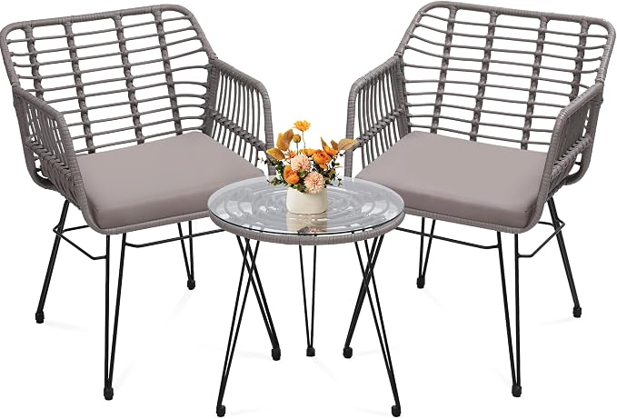 KROFEM 3 Piece Wicker Patio Bistro Furniture Set, Includes 2 Rattan Chairs and by KROFEM