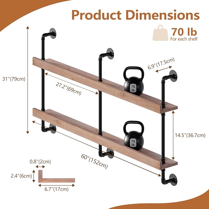 Industrial Wine Rack Wall Mounted, Solid Wood Shelf - Image 2