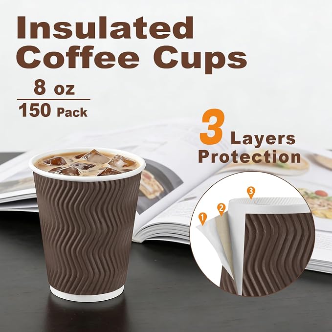 BYSNOW 150 Pack 8 oz Coffee Cups, Insulated Corrugated Ripple Wall Hot Beverage - Image 2
