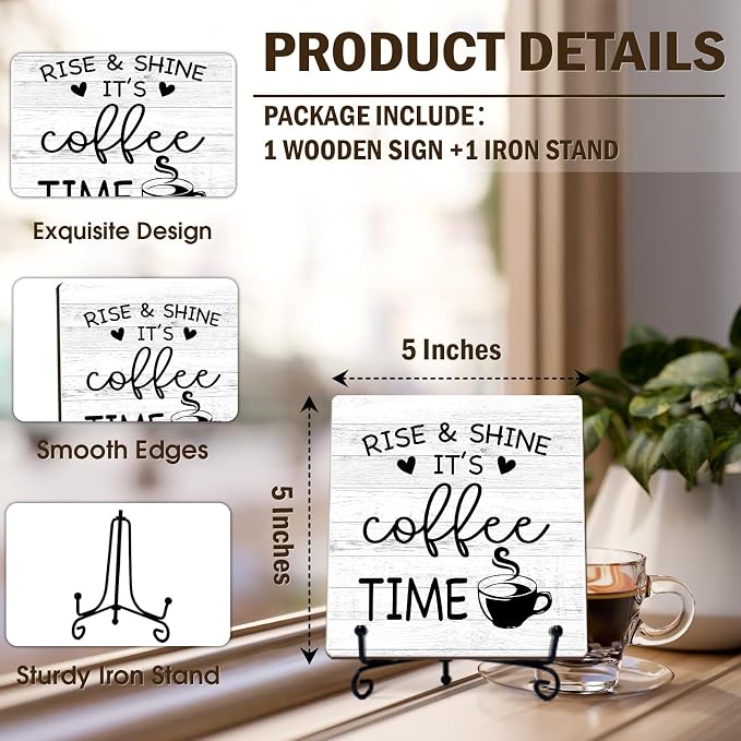 Minimalism Coffee Bar Decor, Rise & Shine It's Coffee Time Wood Plaque - Image 2