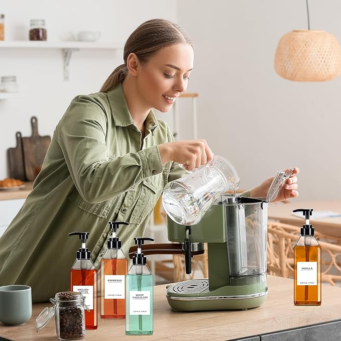 Nuogo 6 Pcs Coffee Syrup Dispenser Bottles Set 750ml, 150ml PET Black Syrup - Image 5