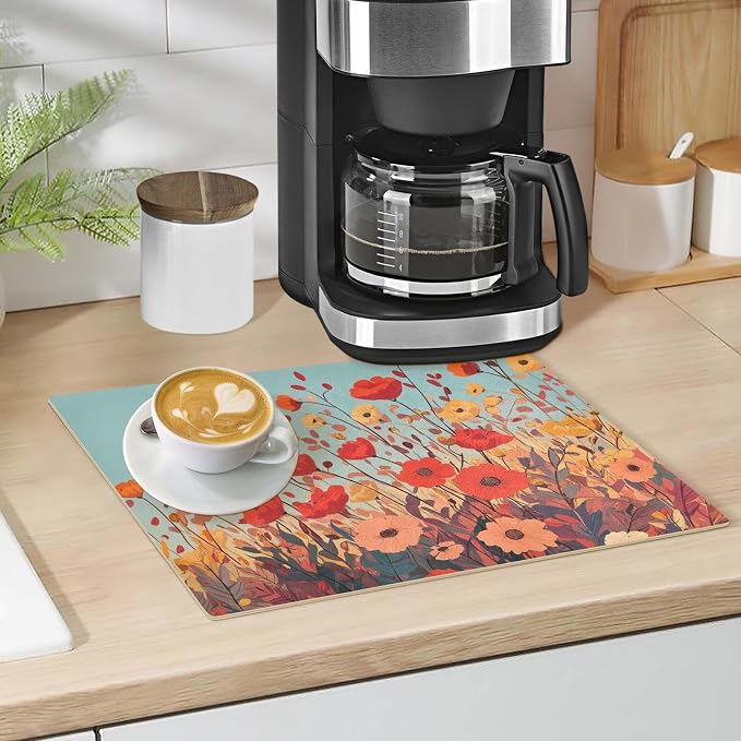 Autumn Poppy Flowers Coffee Mat Coffee Bar Maker Station Pot Spill Machine Pad - Image 4
