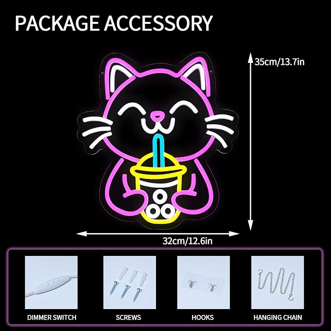 Cat Boba Tea Neon Sign for Wall Decor Dimmable Cute Cat Led Light Signs Bubble - Image 3