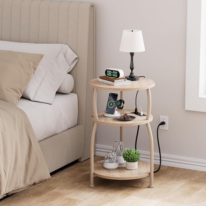 Round Side Table with Power Outlet & USB Ports, 3-Tier End Table with Storage - Image 5