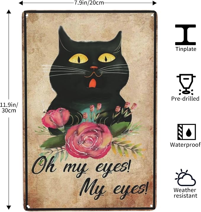 LifeWheel Funny Bathroom Sign Black Cat Decor Metal Tin Sign, Oh My Eyes My - Image 3