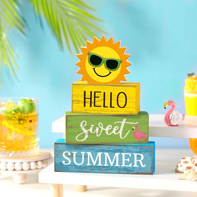 Yuntau 4 Pcs Summer Table Decoration Hello Sweet Summer Tiered Tray Decor - Image 5