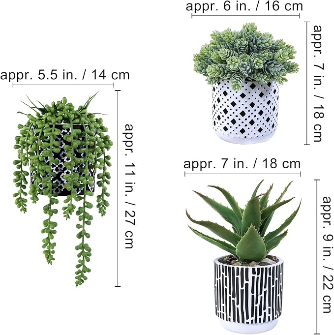 Winlyn 3 Pcs Small Potted Succulents Plants Artificial Aloe Hops String of - Image 2