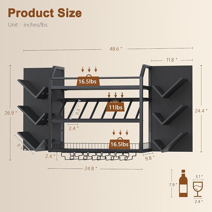 Hoctieon 48.6" Wall Mounted Wine Rack, 3 Tier Hanging Wine Racks - Image 3