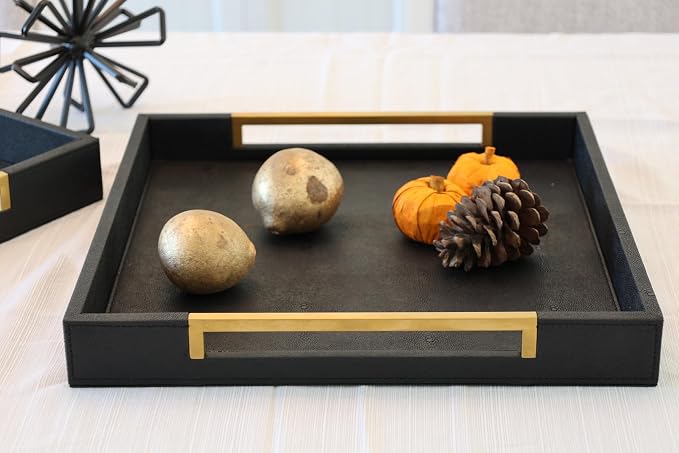 Airdream 16"x16" Black-Gold Modern Square Serving Tray, Faux Leather - Image 4