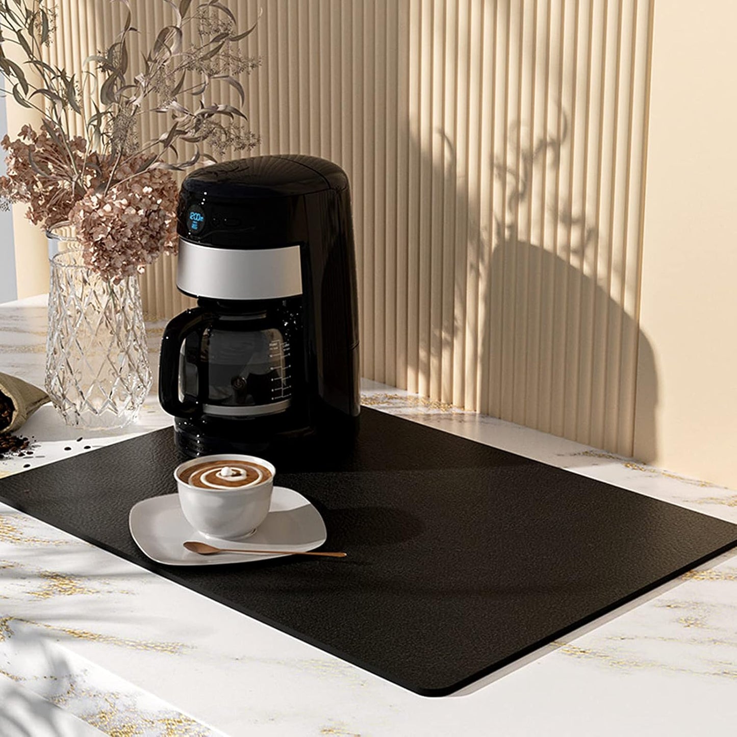 Coffee Mat 12''x19'' Dish Drying Mats for Kitchen Counter - Absorbent Hide Stain Bar Accessories Anti Spill Rubber Backed - Fits Under Coffee Maker Espresso Machine Dish Rack (Black)