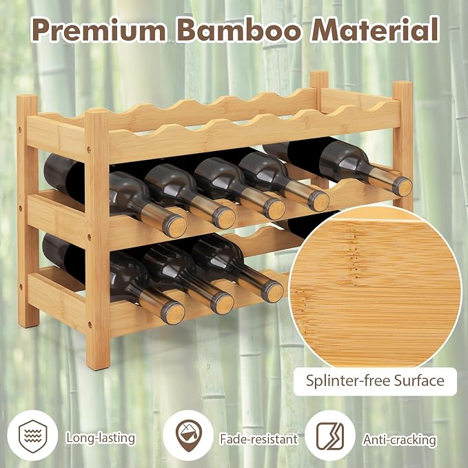 Giantex Bamboo Wine Rack, 3-Tier 18 Bottle Storage Cabinet Shelf, Small Bottle - Image 2