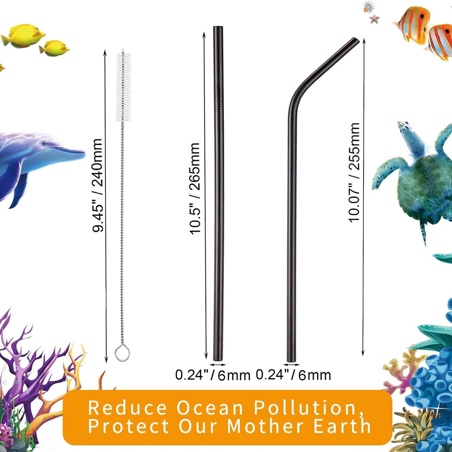 VEHHE Black Metal Straws Reusable Stainless Steel Straws with Cleaning Brush for 20/30 Oz for Yeti RTIC SIC Ozark Trail Tumblers (Black)