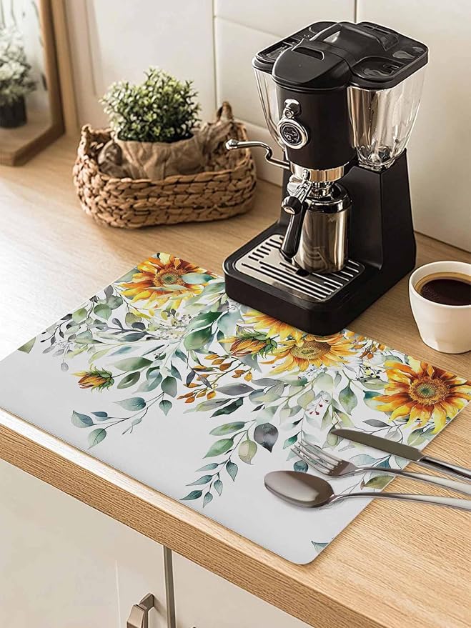 Pastoral Floral Plant Coffee Mat Sage Sunflower Eucalyptus Leaves White by Unknown