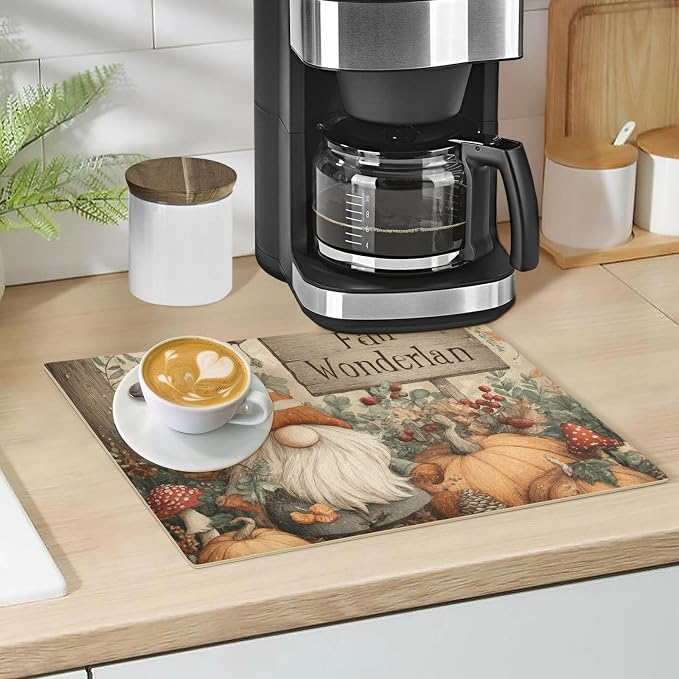 Fall Gnome Pumpkin Beige Coffee Mat Coffee Bar Maker Backed Absorbent Nonslip - Image 5