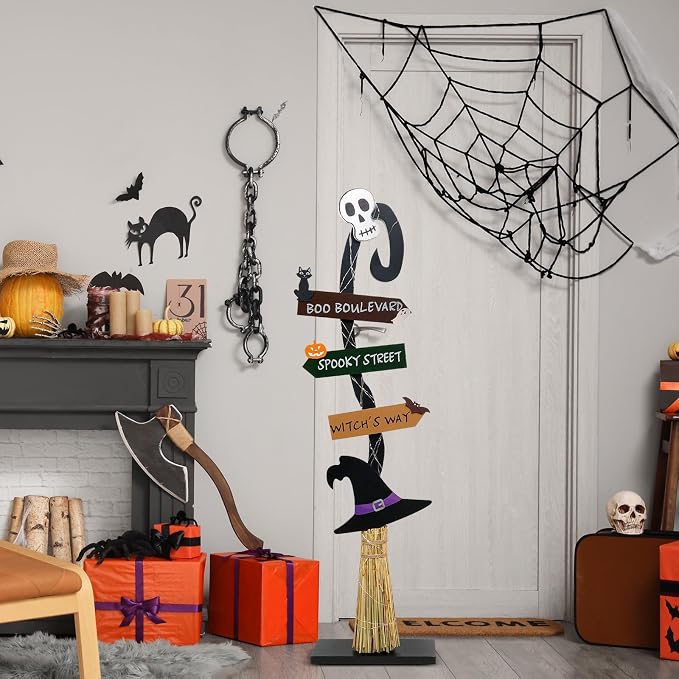 Halloween Decorations |Lighted Witch's Broom Halloween Wooden Porch Sign | - Image 4