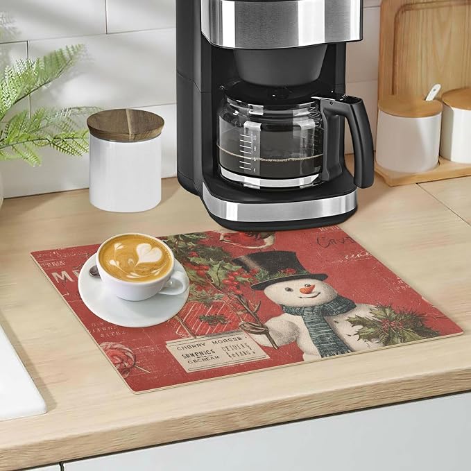 Red Christmas Snowman and Berries Coffee Mat Coffee Bar Maker Backed Absorbent - Image 5